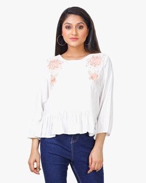 round-neck top with floral embroidery