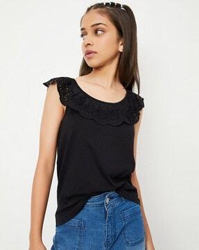 round-neck top with floral lace detail