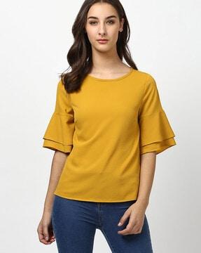 round-neck top with layered ruffle sleeves
