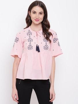 round-neck top with placement embroidery