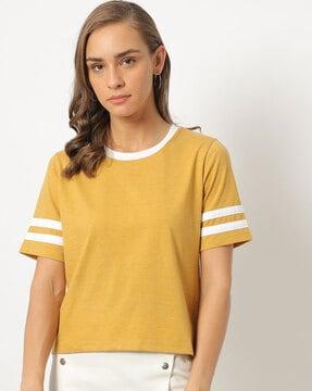 round-neck top with placement-striped sleeves