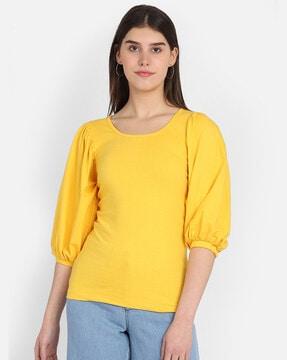 round-neck top with puff sleeves