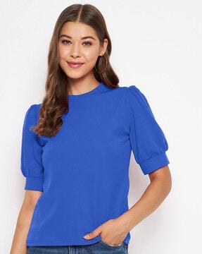 round-neck top with puff sleeves