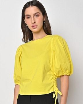 round-neck top with puff sleeves