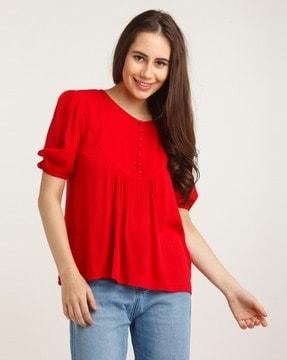 round-neck top with puff sleeves