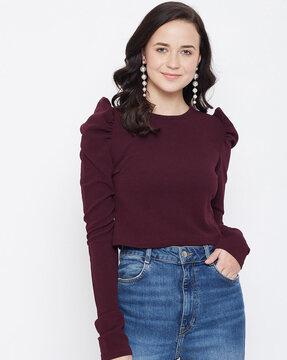 round-neck top with puff sleeves