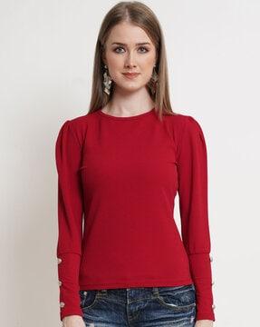 round-neck top with puff sleeves