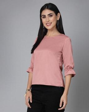 round-neck top with puff sleeves