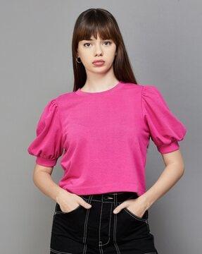 round-neck top with puff sleeves