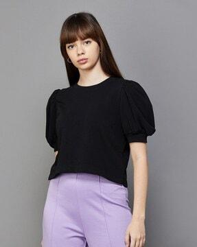 round-neck top with puff sleeves