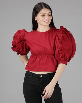 round-neck top with puffed sleeves