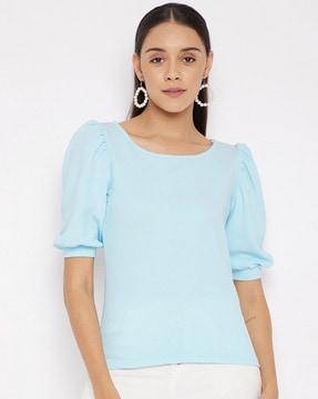 round-neck top with puffed sleeves