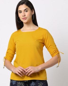 round-neck top with ruched sleeves