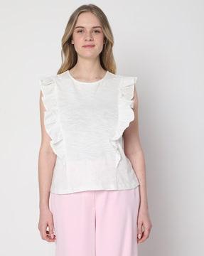 round-neck top with ruffle overlay