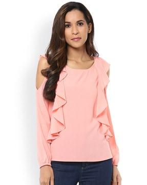 round-neck top with ruffled cutout sleeves