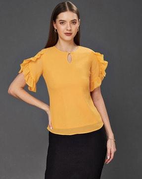 round-neck top with ruffled detail