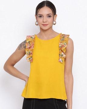 round-neck top with ruffled panels