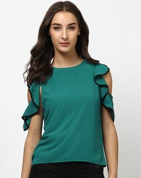 round-neck top with ruffled sleeves