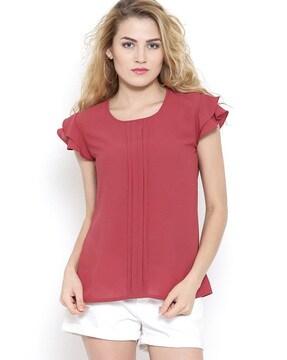 round-neck top with ruffled sleeves