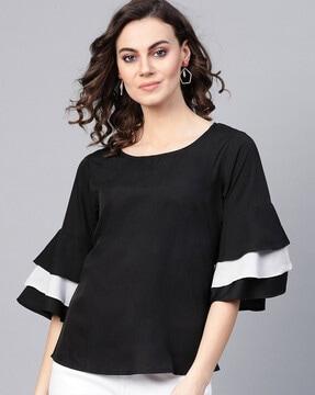round-neck top with ruffled sleeves