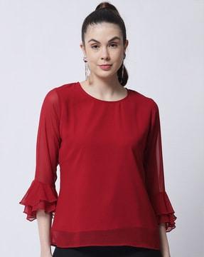 round-neck top with ruffled sleeves