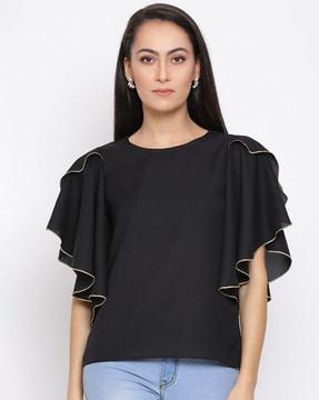 round-neck top with ruffled sleeves