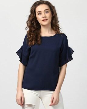 round-neck top with ruffled sleeves