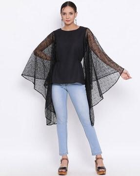 round-neck top with semi-sheer sleeves