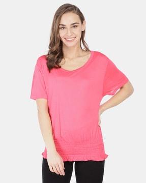 round-neck top with smocked hem