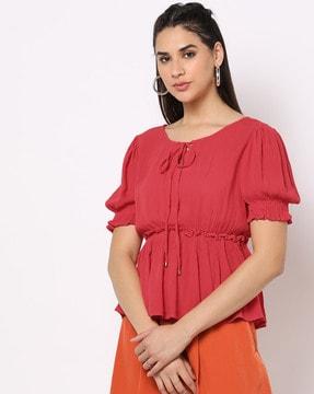 round-neck top with tie-up neckline