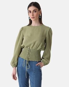 round-neck top with waist shirring