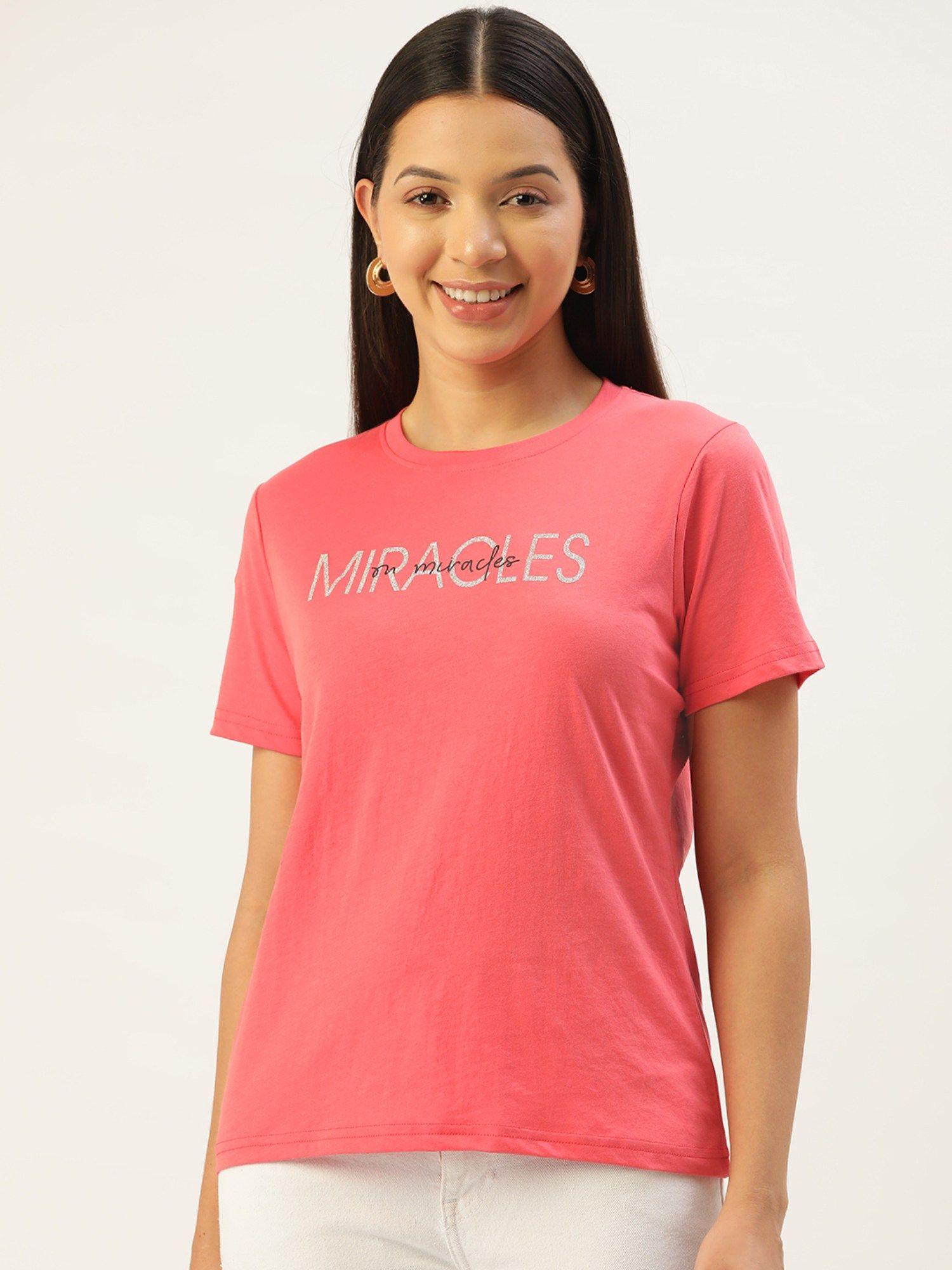 round neck typography pink print t-shirt