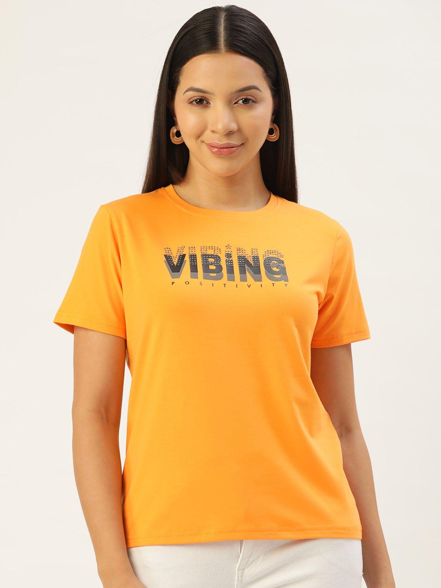 round neck typography yellow t-shirt for women