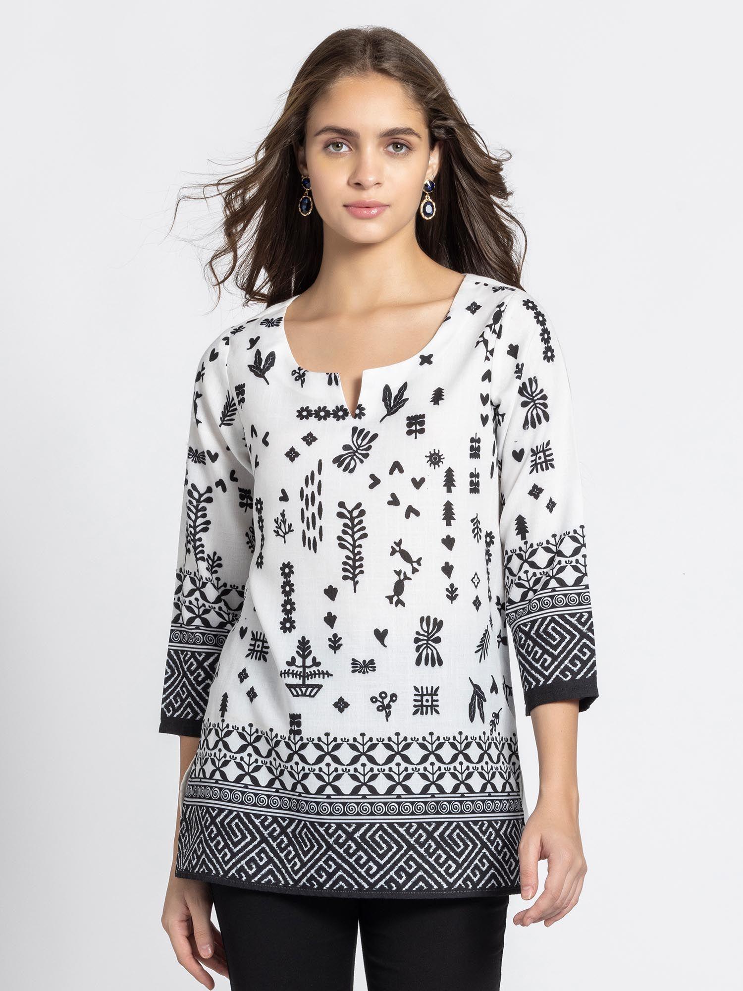 round neck white aztec print ethnic tunic for women