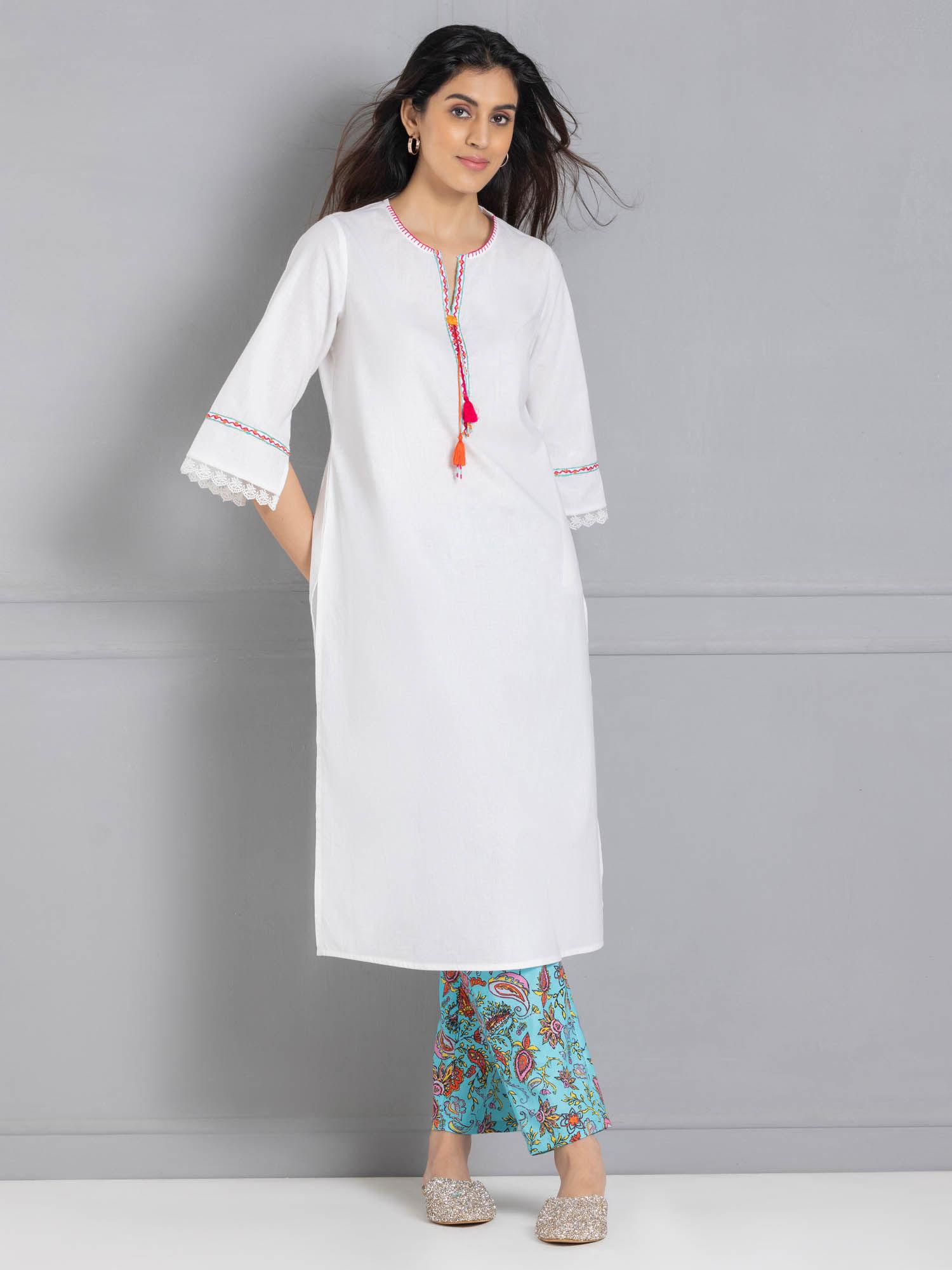 round neck white embroidered three-quarter sleeves ethnic kurta for women