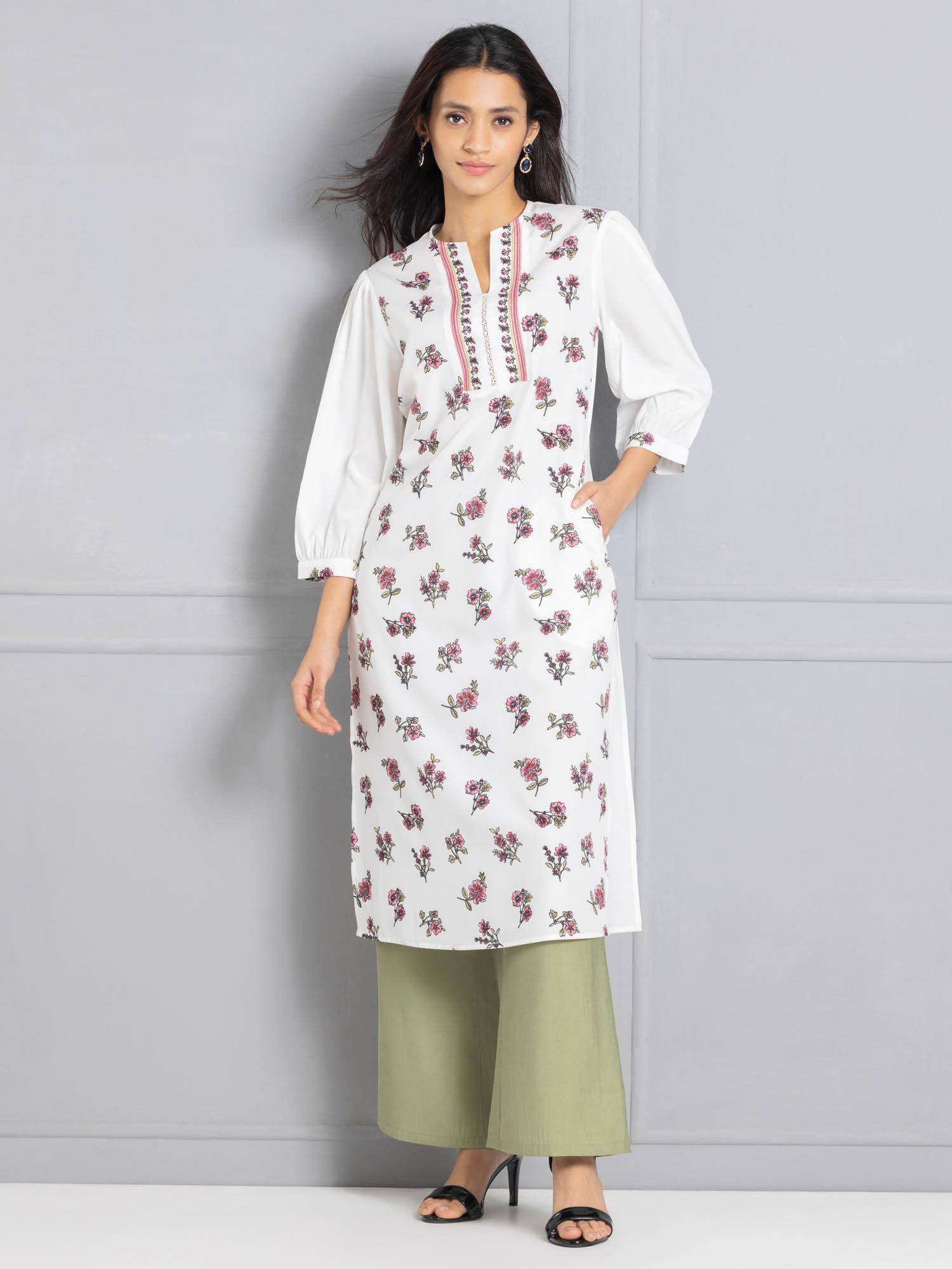 round neck white floral print three-quarter sleeves ethnic kurta for women