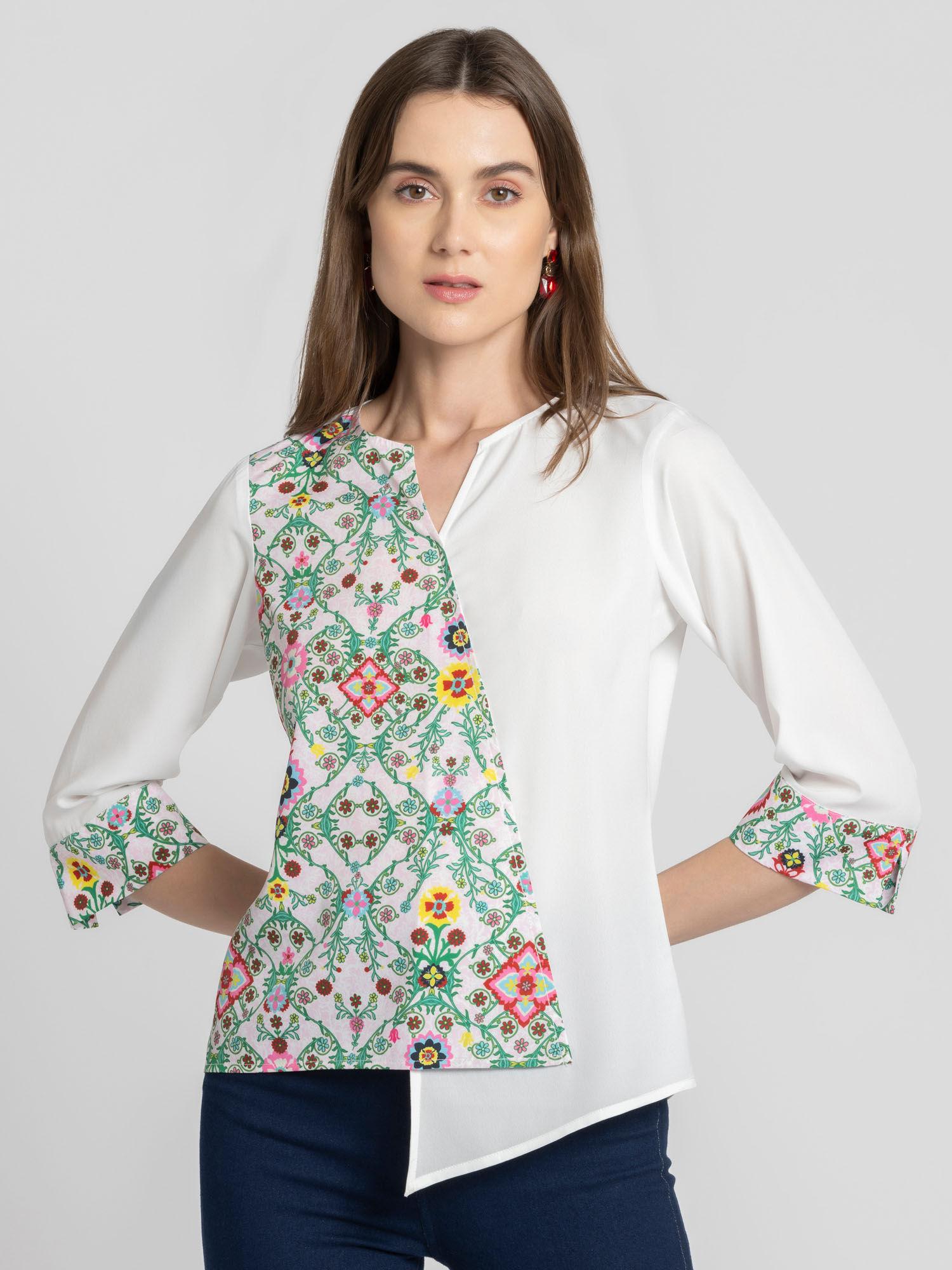 round neck white floral three fourth sleeves casual tops for women