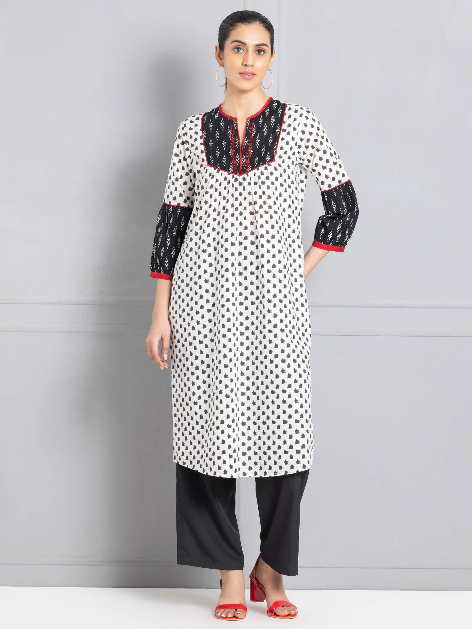 round neck white ikat printed embroidered yoke design ethnic kurta for women