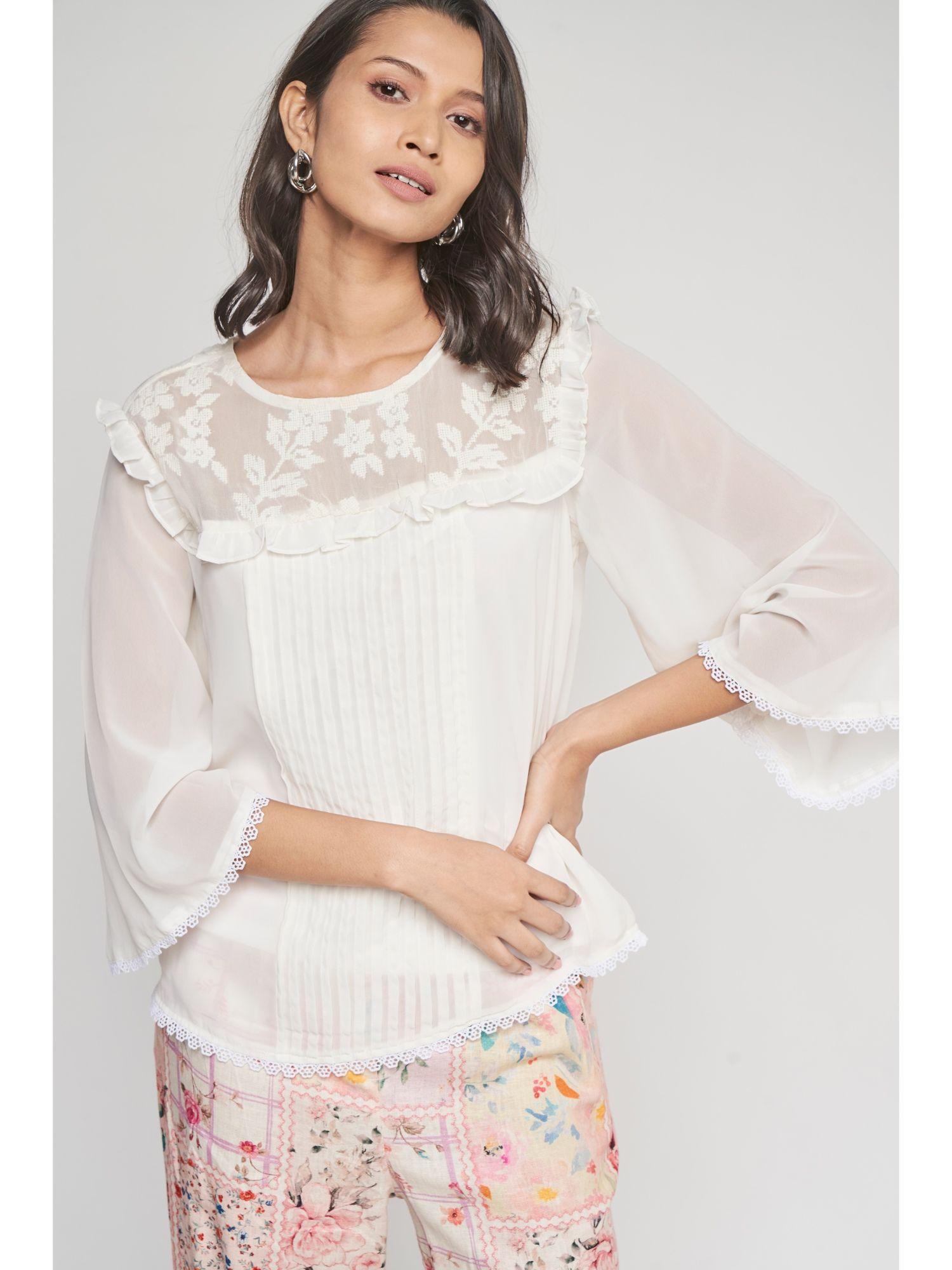 round neck white pleated flared sleeve top