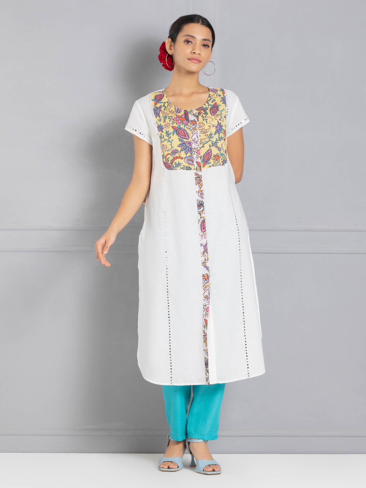 round neck white printed & embroidered front-open ethnic kurta for women