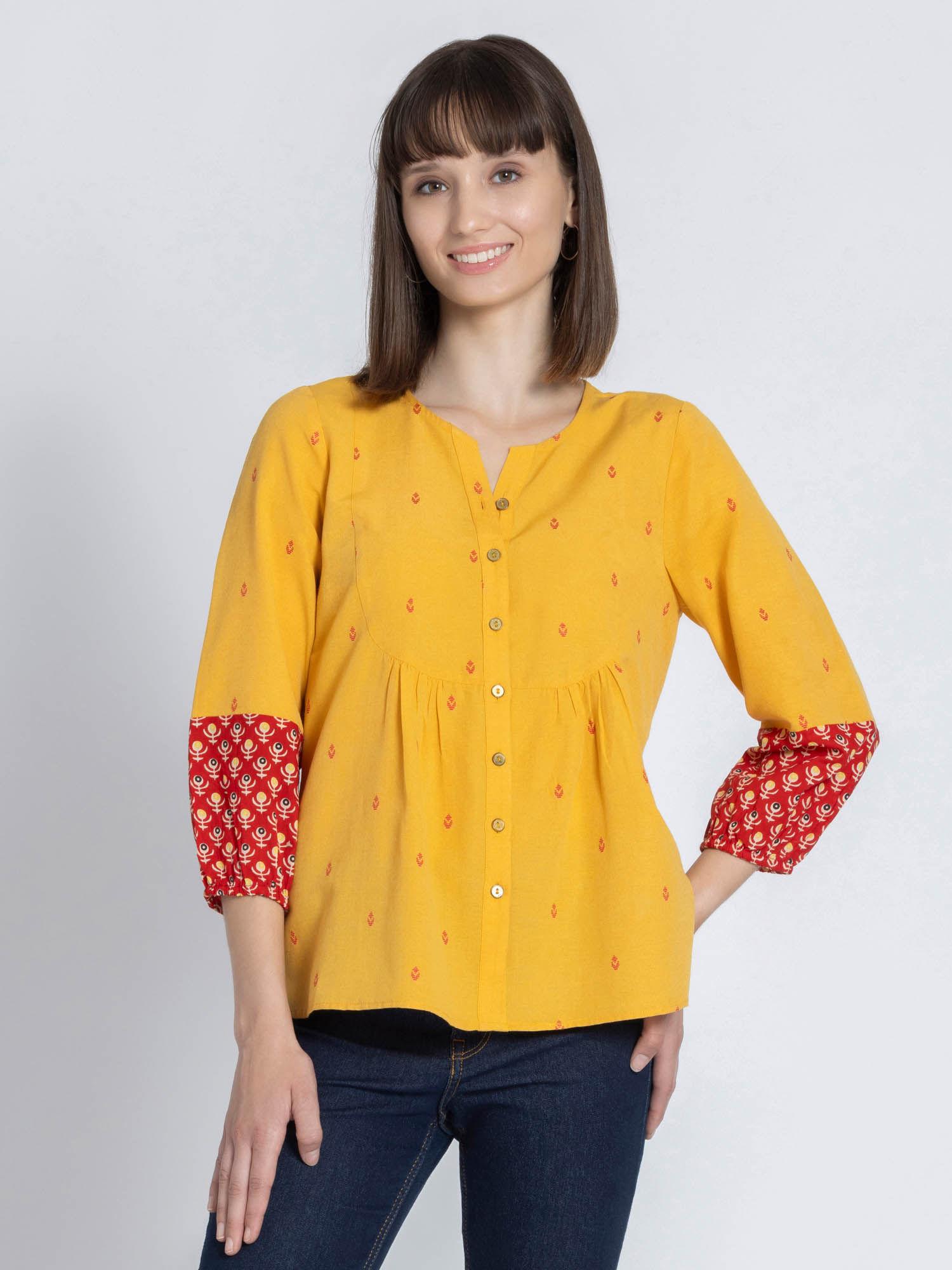 round neck yellow self design kurti