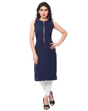 round-neck zip-front straight kurta