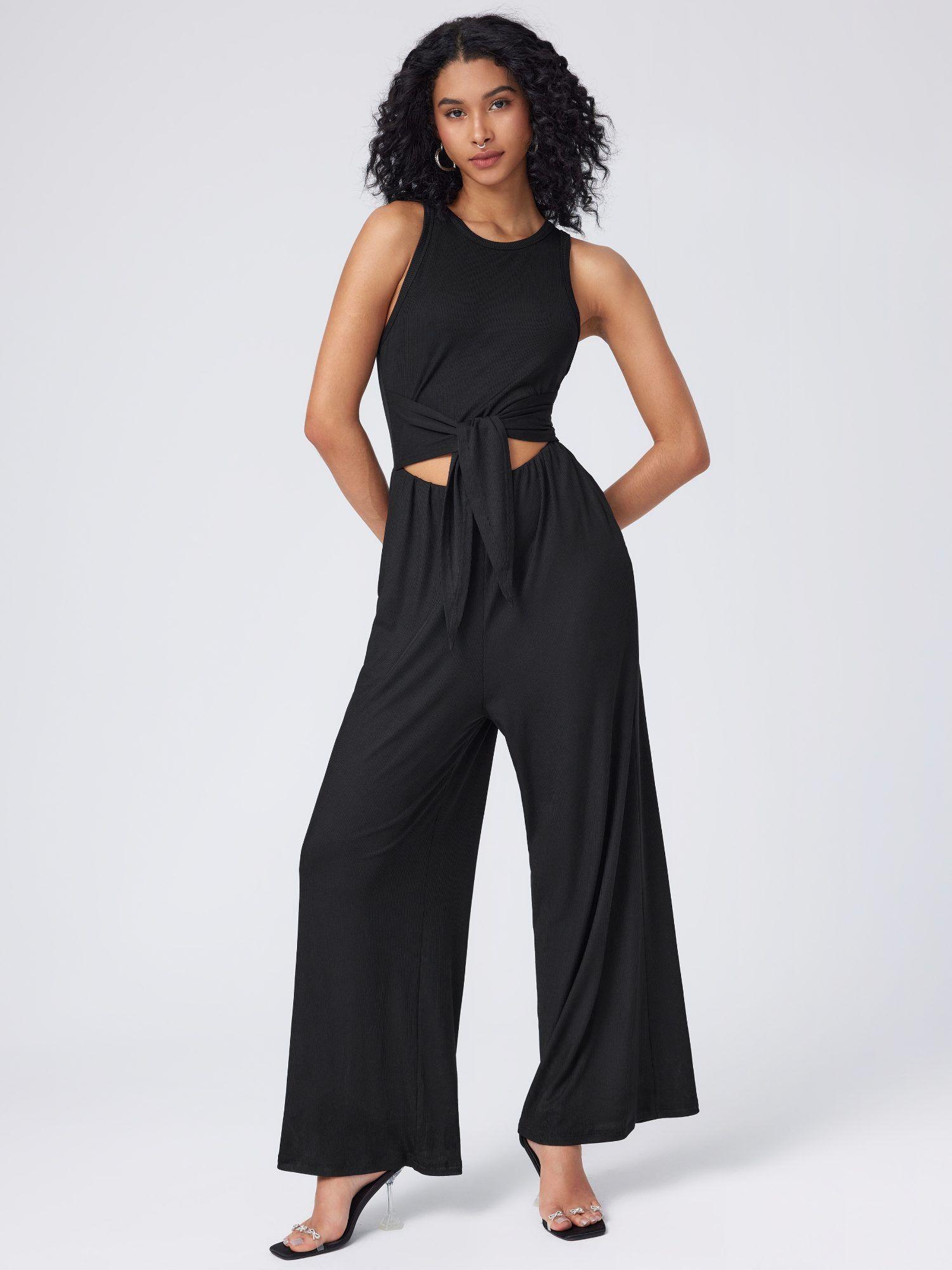 round neckline tie front cut out jumpsuit