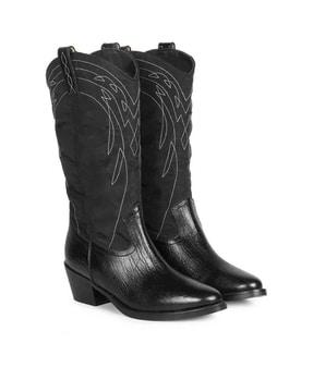 round shape mid-calf length heeled cowboy boots