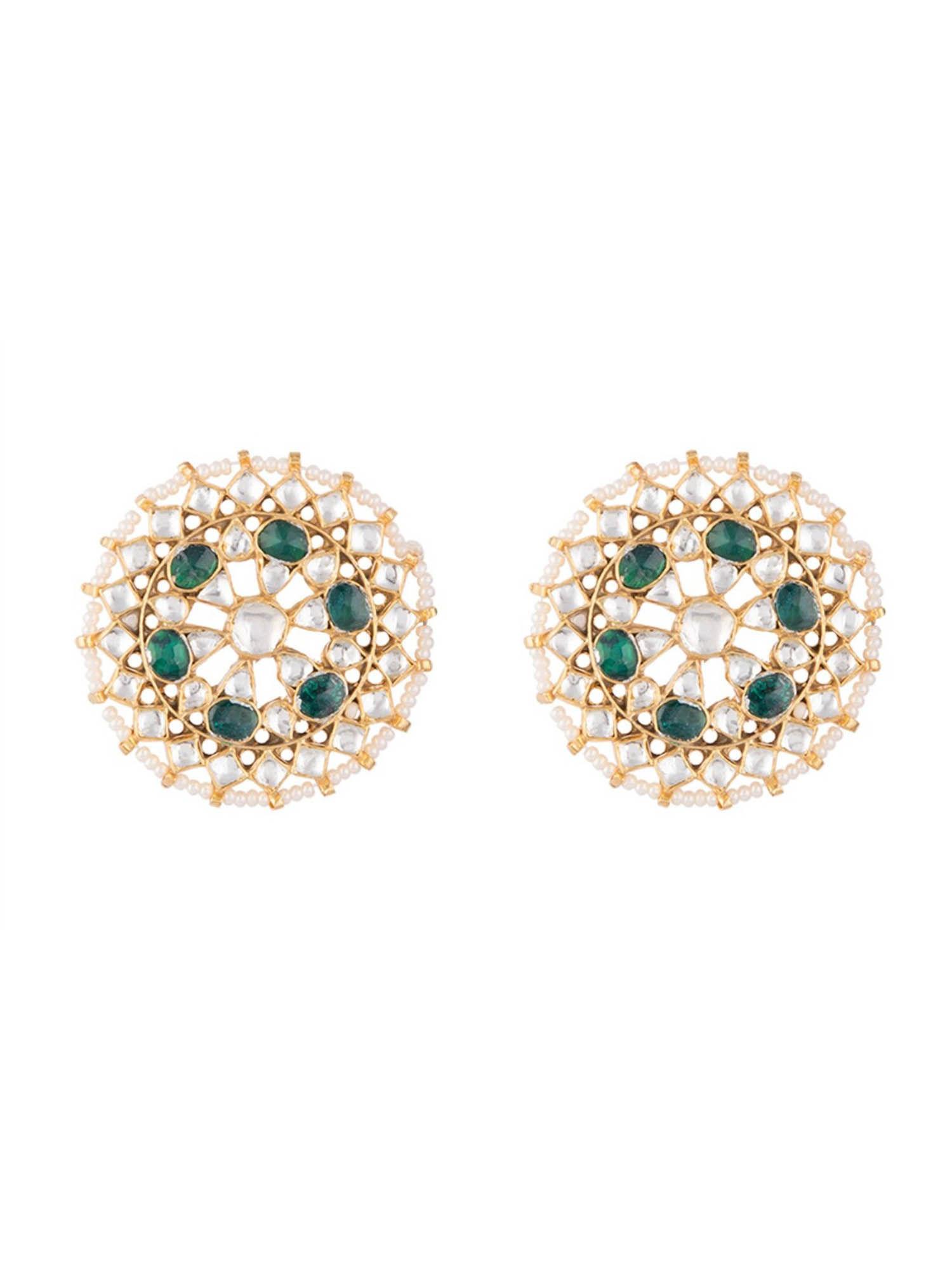 round stud earrings with green and white stones with beaded with pearl