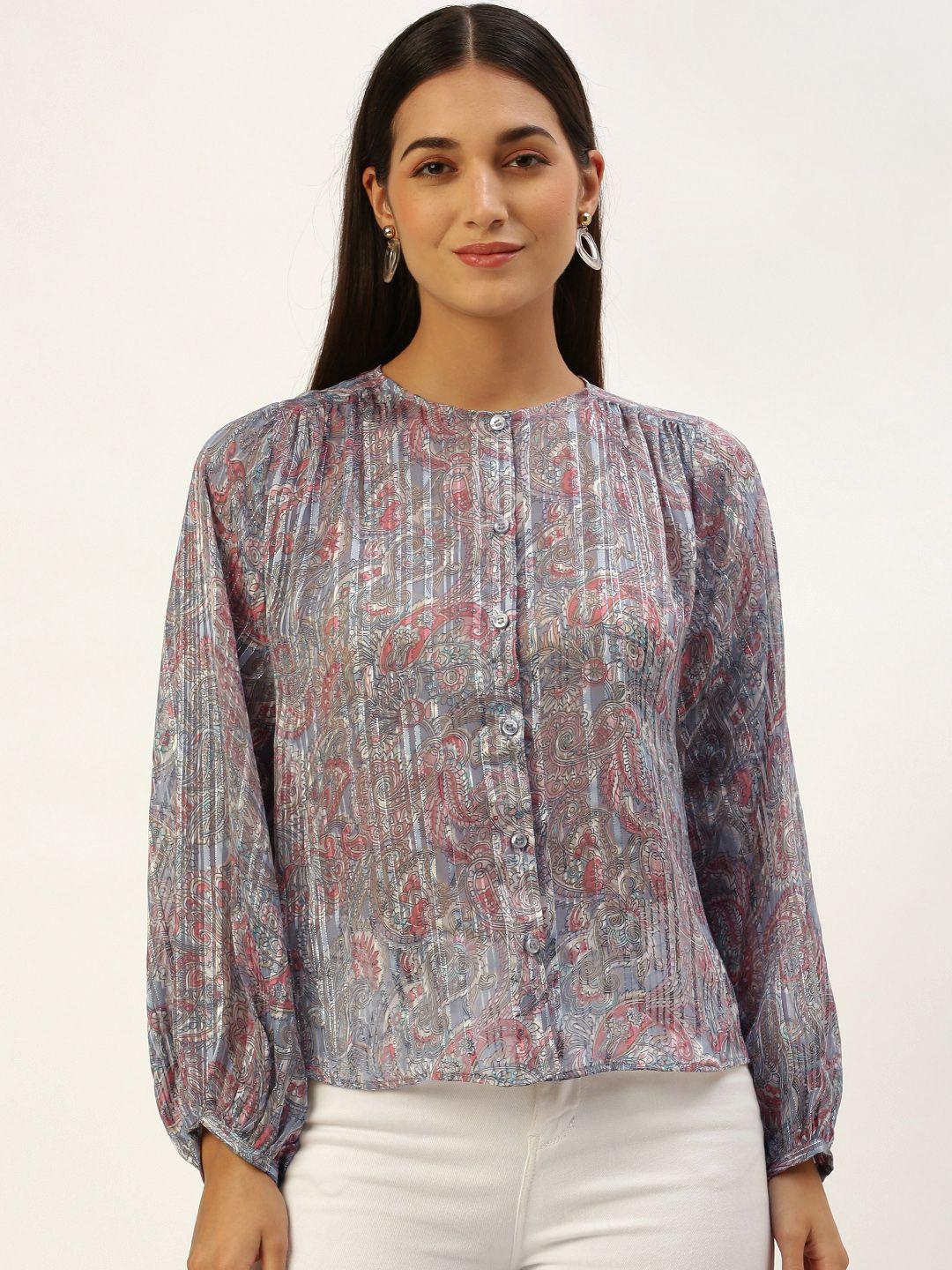 roving mode ethnic motifs print georgette shirt style top