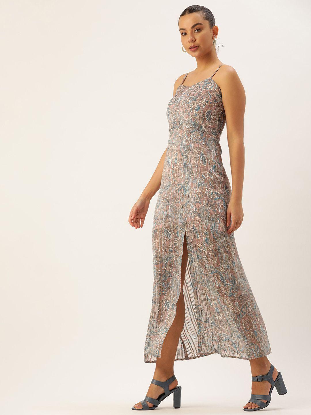 roving mode ethnic motifs printed georgette a-line maxi dress with side slit
