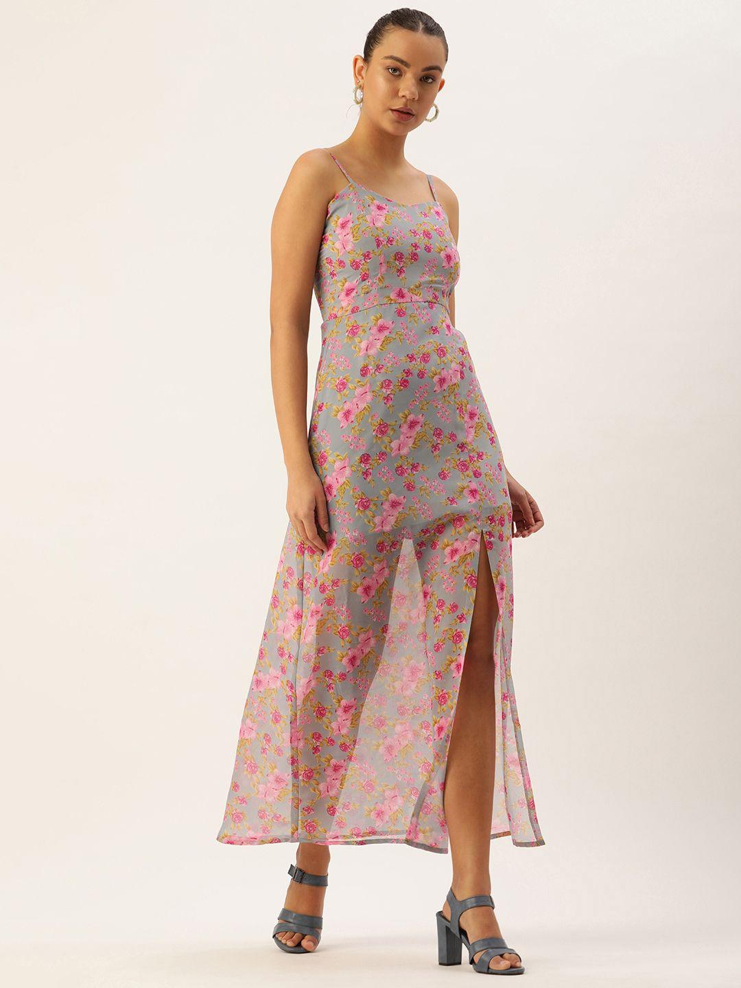 roving mode floral georgette a-line maxi dress with side slit