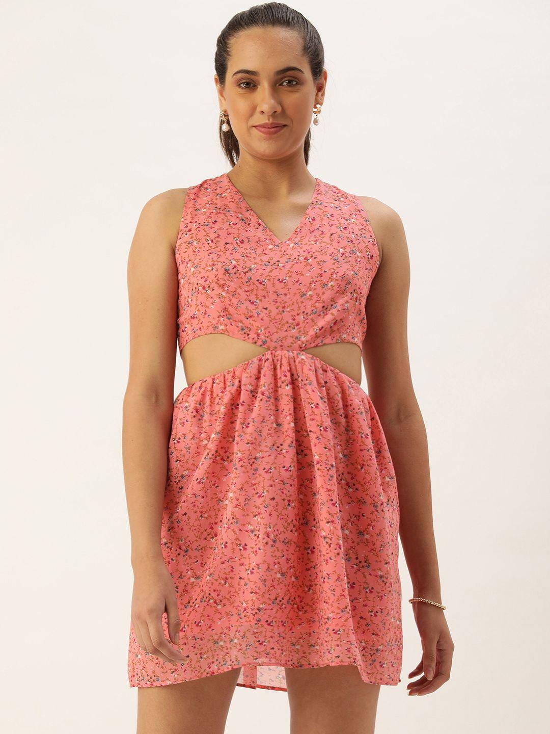 roving mode floral georgette mini dress with cut-outs
