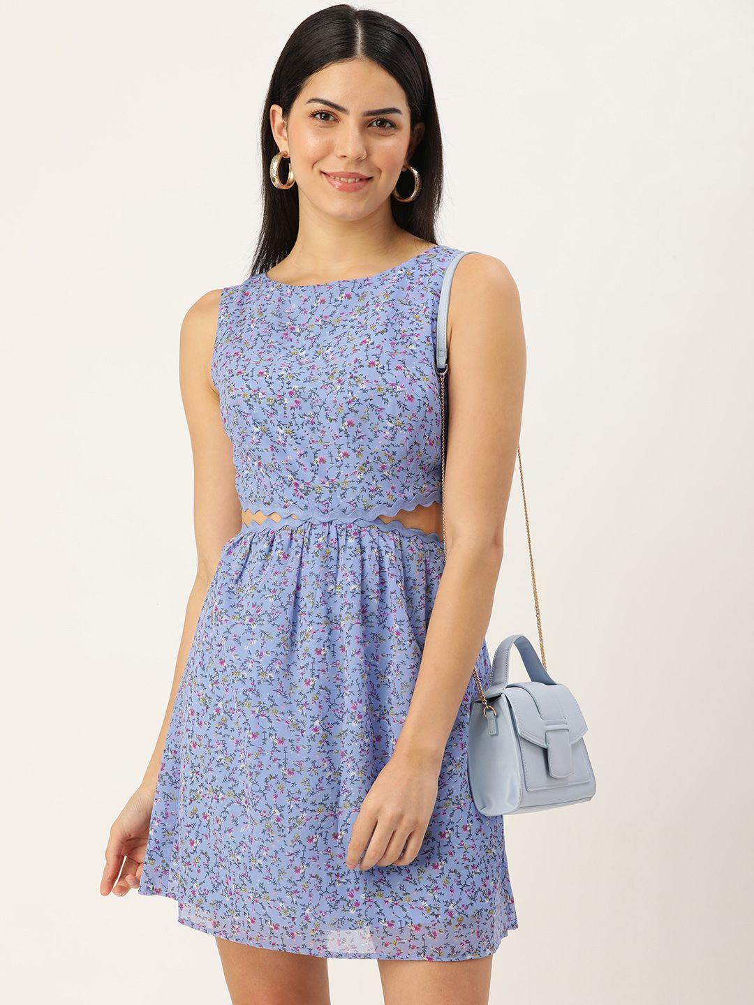 roving mode floral print cut-outs georgette fit & flare mini dress